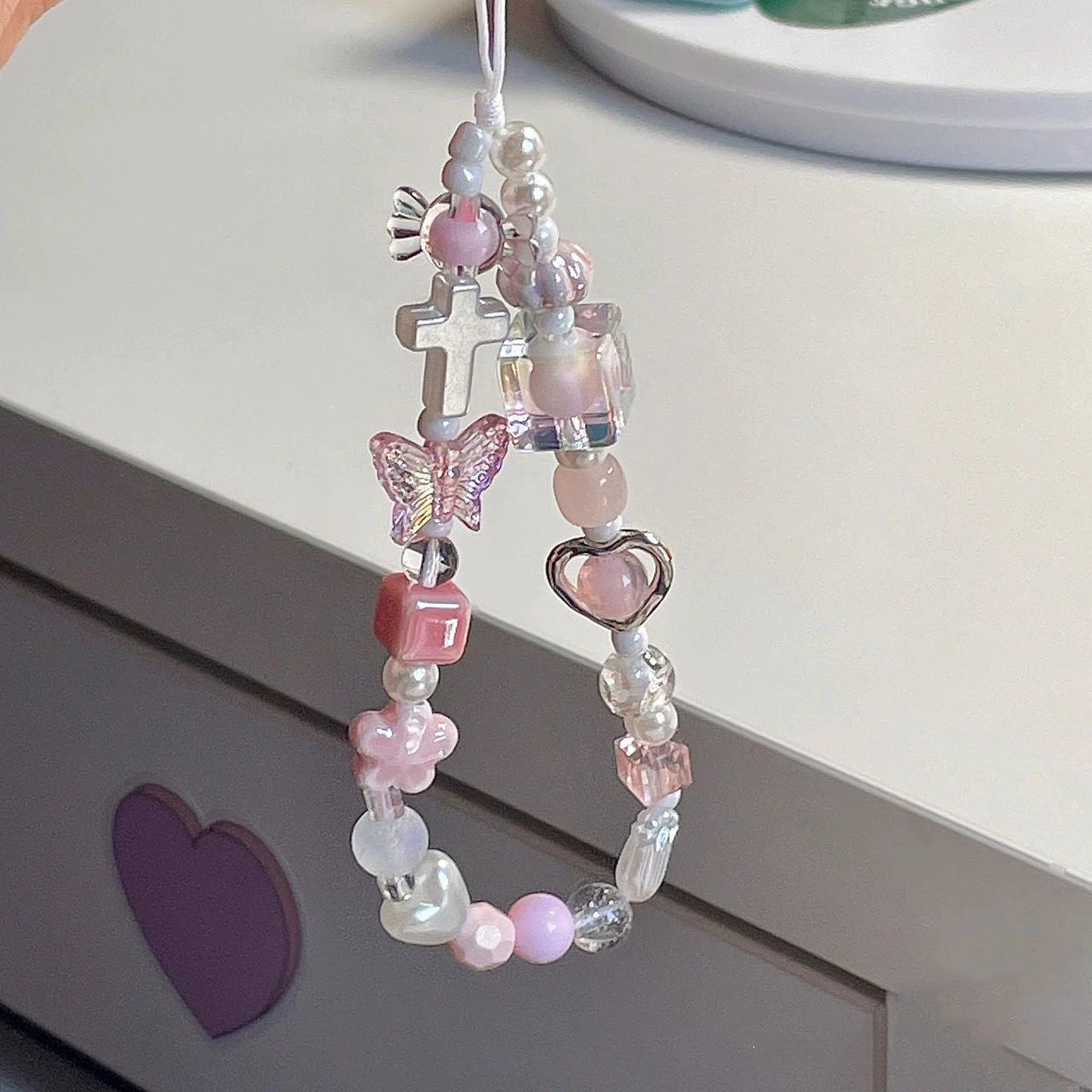 Kikizap Pink Butterfly Beaded Phone Chain - Handmade DIY Wrist Strap - kikizap